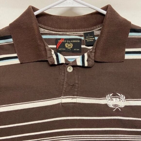 Phat Farm Polo Men's Large Short Sleeve Brown White Blue Stripe 90's Y2K Vtg GUC - Picture 3 of 8